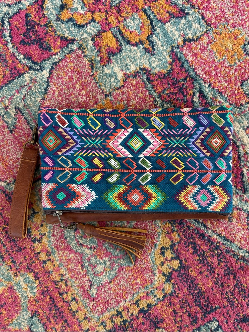 Guatemalan Artisan | Women’s Multicolor Canvas/Leather Boho Embroidered Clutch - Picture 2 of 14